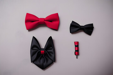 Black bow tie, red buttons and cap and mustache. Office party concept. Minimal style.