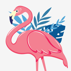 Pink flamingo and blue summer tropical palm leaves with exotic flowers. Design element for cards, posters, banners, summer design for print, children's illustration, design for fabric and textile.