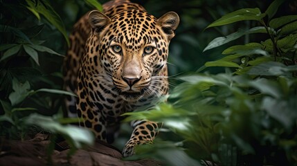 Leopard Prowling in Wild Jungle: Spot the Majestic Panthera in Nature's Greenery, Generative AI