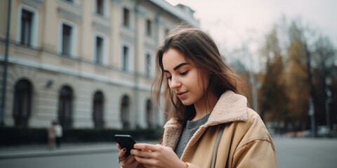 Junge hübsche Frau mit Smart Phone in der Stadt lächelt, ai generativ