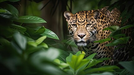 Panthera Prowling Wild in a Jungle - Nature's Stalker in its Natural Greenery. Generative AI