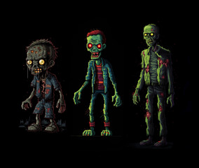 Spooky scary zombies on black background illustration for Halloween. Dead creepy monsters in apocalypse because of infection or virus. Generative AI