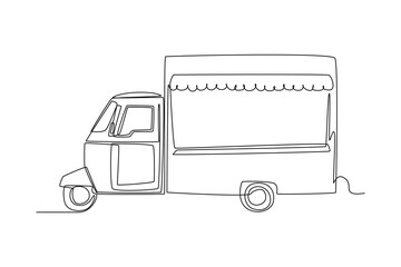 Continuous one line drawing Food trucks. Restaurant on wheels. Vans for street food selling. Car concept. Single line draw design vector graphic illustration.