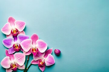 Flat lay of orchids flowers on pastel blue background with copy space. Spring vibes