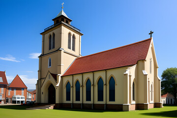 Naklejka premium Shot showing the detail of an old Danish church. Locally often referred to simply as the English Church, it is a pretty Gothic-Revival-style church.