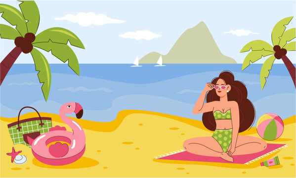 Beach scene. A happy girl is sitting on the sand and looking at the sea, there are beach accessories nearby. Summer vacation at the sea. Vector illustration