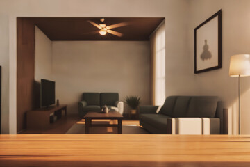Table top with Blurred sofa Home interior decoration