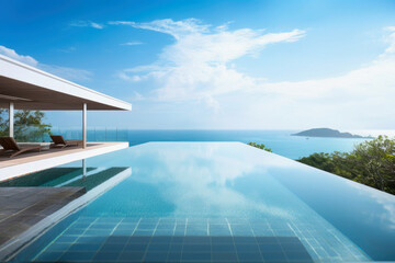 Tropical Home Island Villa House With Modern Infinity Swimming Pool And Blue Sky - Generative AI Image
