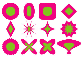 Conjunto de iconos en fucsia y verde. círculo, elipse, cuadrado redondeado, rombo, estrella, flor y pez
