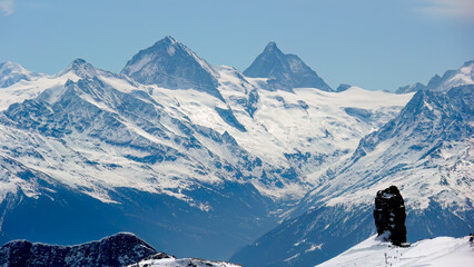 The panorama of Alps from the Glacier 3000 in the winter.