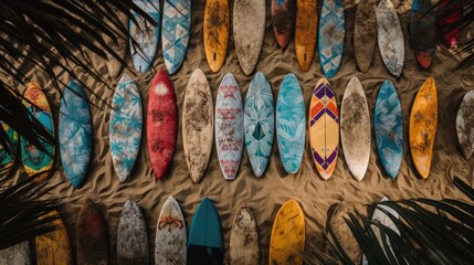 Tropical Surfing: A Bird's Eye View of Vibrant and Unique Surfboards on a Sandy Beach, AI generative