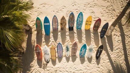 A Drone's View of a Surfer's Paradise: Surfboards Scattered Across the Beach with Palm Trees Swaying in the Breeze, AI Generative