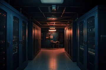 Securely Hosting Your Business: A Look into the Datacenter with Dark Blue and Orange Servers: Generative AI