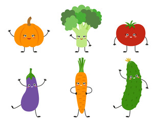 Cute vegetables with smiling faces. Local farmer's market or fresh healthy food symbol. Funny pumpkin, broccoli, tomato, eggplant, carrot and cucumber. Vector illustration on white background.