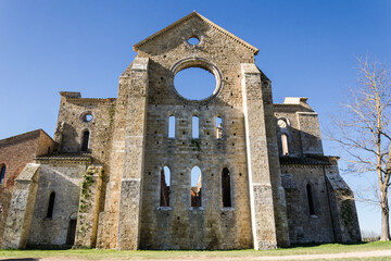 San Galgano, Chiusdino, Italy. January 2021. Stunning Tuscan landscape with the dilapidated and roofless abbey of San Galgano.