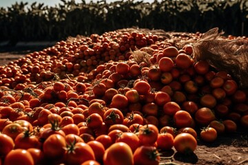 A pile of freshly picked tomatoes on a farm