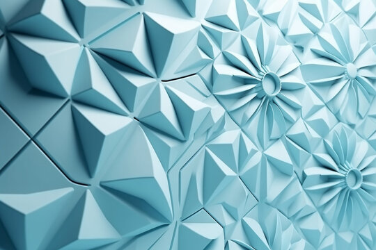 Ethereal beautiful futuristic Geometric background for your presentation. Textured intricate 3D wall in light blue and white tones. Created using generative AI.