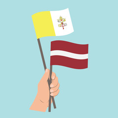 Flags of Vatican City and Latvia, Hand Holding flags