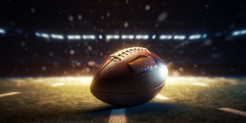 NFL, Ball auf dem Boden mit Stadionhintergrund Nahaufnahme, AI generativ