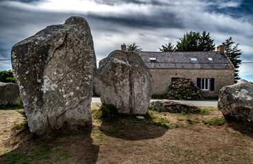 Ancient Stone Field Kerzerho Cruzuno With Neolithic Megaliths And Cottage Near Finistere Village...