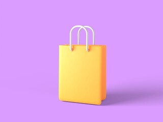 3d render. Yellow Shopping bag for customer buying or selling groceries supermarket store. icon sign realistic cartoon and shopping sale online concept. isolated on purple background.