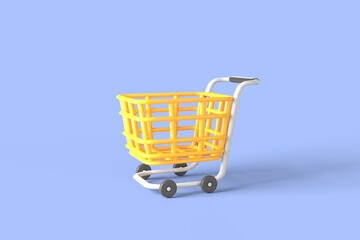3d render. Shopping cart for customer buying or selling groceries supermarket store. icon sign realistic cartoon and shopping sale online concept. isolated on blue background.