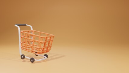 3d render. Shopping cart with orange colour background. for customer buying or selling groceries supermarket store. icon sign realistic cartoon and shopping sale online concept.