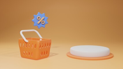 3d render. Shopping basket with percent tag and podium. for discount and customer buy or sell groceries supermarket store. icon sign cartoon and shopping sale online concept. on orange background.