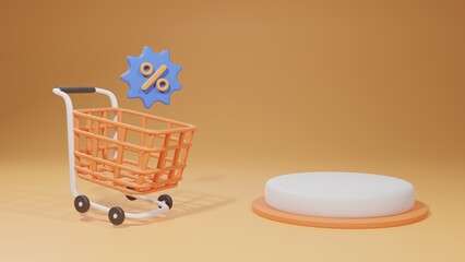 3d render. Shopping cart with percent tag and podium. for discount and customer buying or selling groceries supermarket store. icon sign cartoon and shopping sale online concept. on orange background.