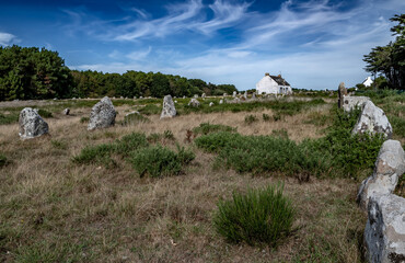 Ancient Stone Field Alignements De Menhir Carnac With Neolithic Megaliths And Old Cottage In...