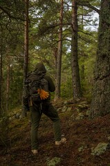 Man traveler stands in the forest with a backpack. View from the back. The concept of hiking and survival in the wild.