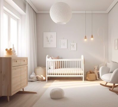 Modern minimalist nursery room in scandinavian style. Baby room interior in light colours, AI generated image.