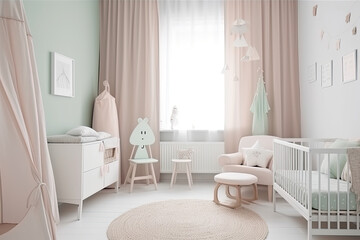 Modern minimalist nursery room in scandinavian style. Baby room interior in light colours, AI generative