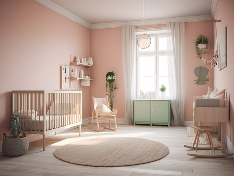 Modern minimalist nursery room in scandinavian style. Baby room interior in light colours, AI generated image.