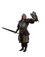 Historical Mogolian conquerer Genghis Khan standing in armour with sword in right hand a Falcon bird on his left arm. Isolated 3D rendering