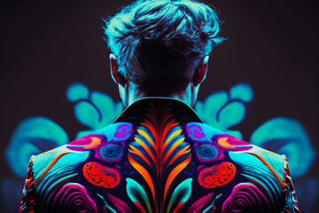 psychedelic illustration of a luminescent drug dealer, rear view, created with generative ai - obrazy, fototapety, plakaty