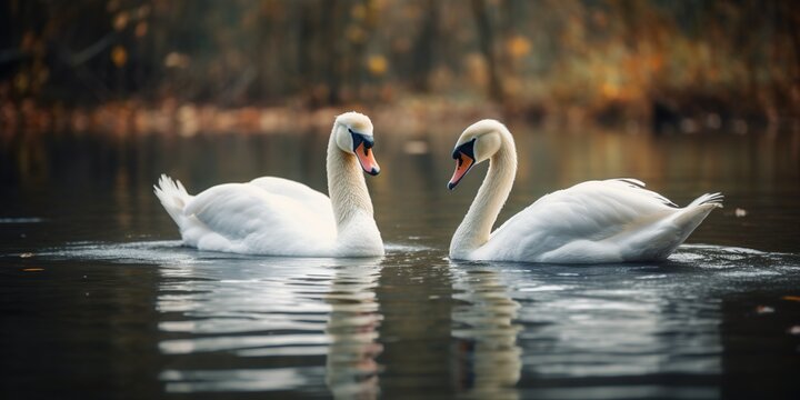 A pair of swans gracefully swimming in a lake, concept of Animal behavior, created with Generative AI technology Generative AI