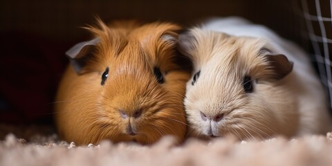 A pair of guinea pigs snuggling together in their cozy cage, concept of Cuddling mammals, created with Generative AI technology Generative AI