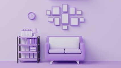 Interior of living room in purple color with furnitures and room accessories sofa ,bookshelf and picture frame. for presentation ,web page and poster background. 3d render cartoon with copy space.