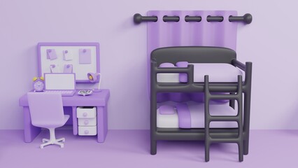 Interior of bedroom in purple color with furnitures and room accessories clock ,computer laptop and bunk bed. for presentation ,picture frame and poster background. 3d render cartoon with copy space.