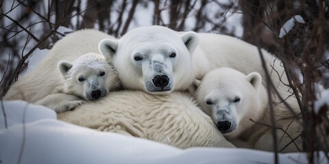 Obraz na płótnie Canvas A family of polar bears cuddled up together in a snowy den, concept of Hibernation, created with Generative AI technology Generative AI