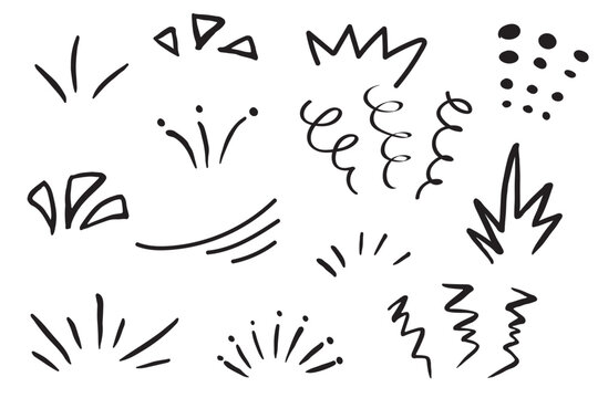 Line doodle sparkle, sun shine and sunburst rays, vector bursts and hand drawn starburst. Doodle line explosion circles and spark elements of sunshine light, fireworks or cartoon confetti splatter
