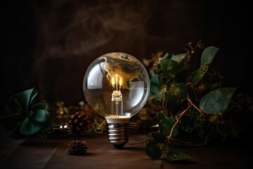 A Festive Holiday Decoration: Global Map with a White Globe, Earth and Plant inside a Light Bulb: Generative AI