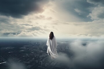 A Holy Vision of Faith--Female God, Angel, or Jesus Christ Walking on Clouds, Looking Down on City from Above: Generative AI