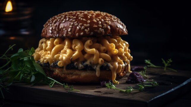 American Mac And Cheese Hamburger, Commercial, Closeup Shot, Ai, Ai Generative, Illustration