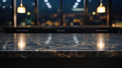 Modern Black Marble Table Top Bar against Bright Kitchen Room Interior Background: Generative AI