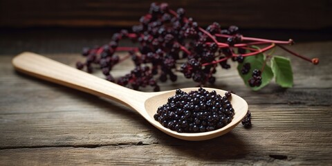 Spoonful of homemade elderberry syrup, set against a wooden backdrop, emphasizing the use of natures ingredients for immune support, concept of Natural Remedies, created with Generative Generative AI