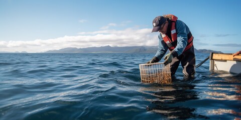 A marine biologist releasing tagged fish back into the ocean, contrasted against a research-focused backdrop, concept of Ecological conservation, created with Generative AI technology Generative AI - obrazy, fototapety, plakaty
