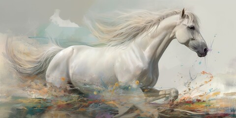 Obraz na płótnie Canvas A majestic white horse with a flowing mane, galloping through a field of suspended paintbrushes against a stark background, concept of Movement, created with Generative AI technology Generative AI