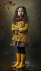 Obraz na płótnie Canvas Young girl standing in the rain wearing a yellow raincoat. Generative AI illustrations